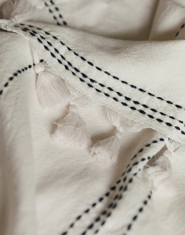 Décoration de lit : couvre-lit blanc avec des pompons