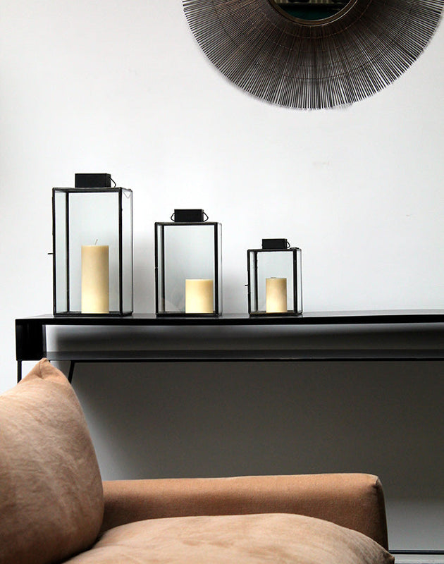 Trois dimensions de lanternes en verre et acier brut Aladin