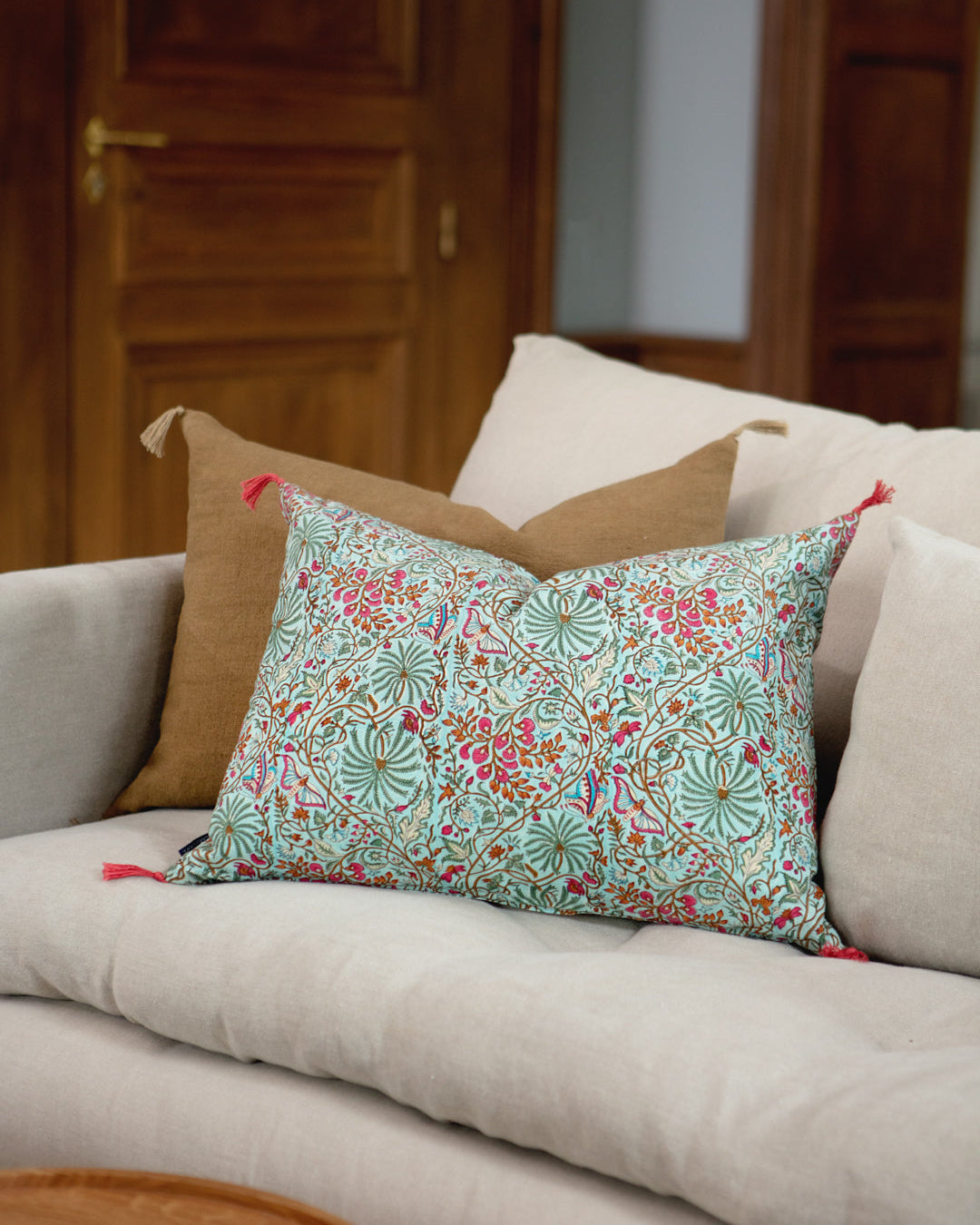 Housse de coussin Papilio Turquoise à motif floral