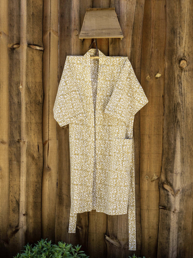 Kimono jaune en coton imprimé au bloc à la main