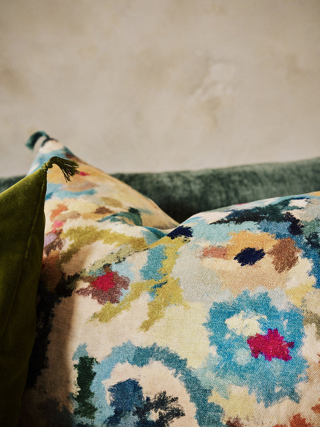 Housse de coussin colorée imprimée Fiore en jute et lin