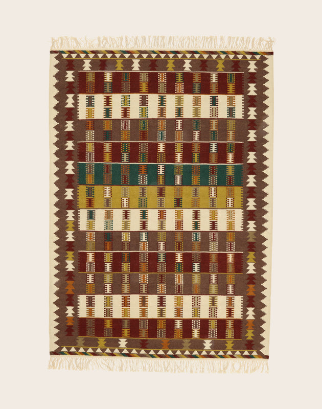 Grand Tapis Tihya en laine à motifs marron, ivoire et terracotta avec des franges aux deux extrémités