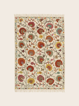 Tapis Lohdi en laine avec ses franges délicates et ses motifs fleuris colorés