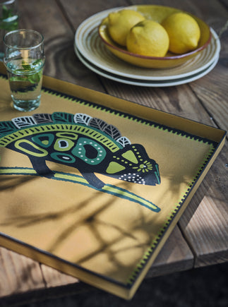 Plateau Kaleo en métal peint à la main à motif Caméléon