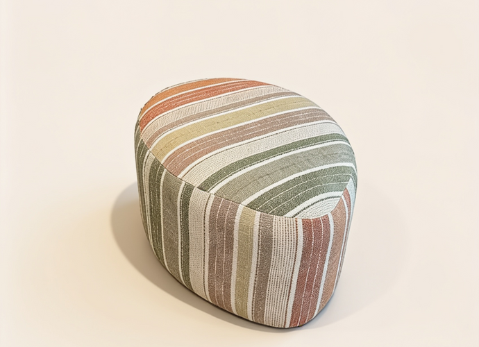 Pouf à rayures colorées sur fond blanc.