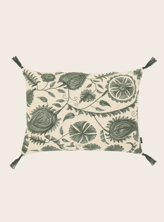 Housse de coussin en coton brodé inspirée de l'art du suzani couleur Cyprès