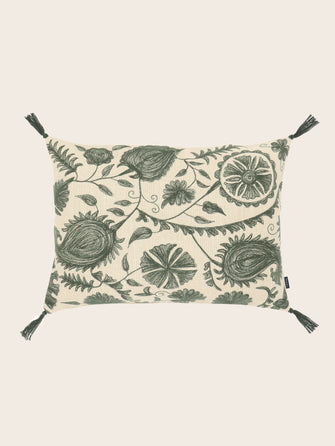 Housse de coussin en coton brodé inspirée de l'art du suzani couleur Cyprès